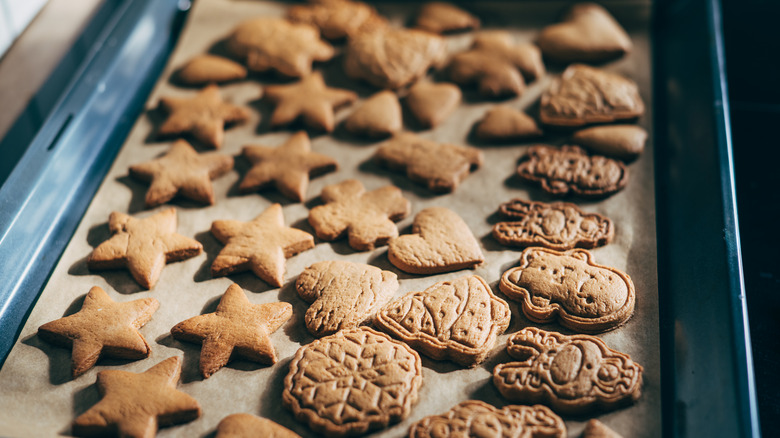 overhead view of crowded and slightly burnt cookies