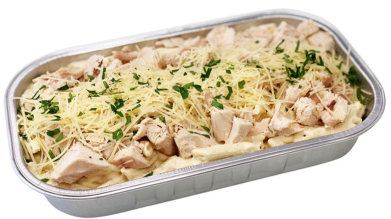 Chicken Alfredo in a silver tray