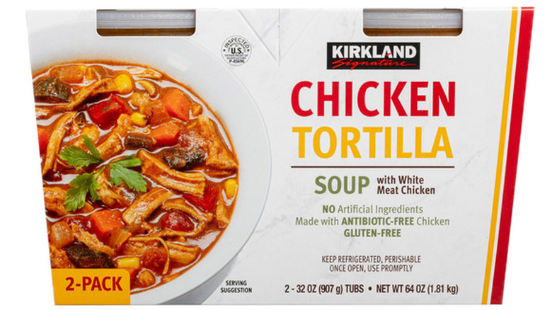 Kirkland Signature Chicken tortilla soup on a white background