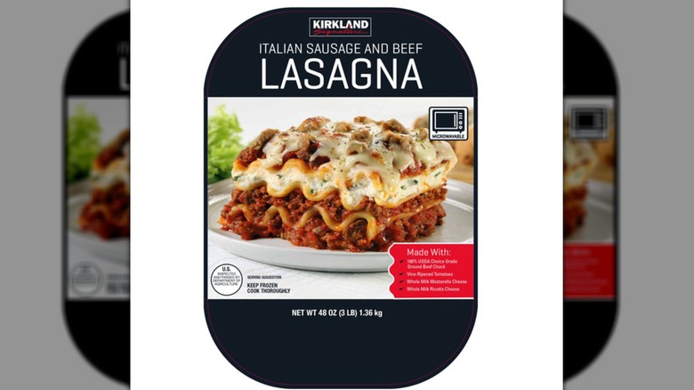 Costco lasagna in container on white background