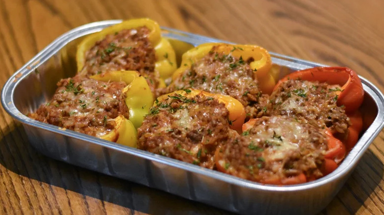 Plate of stuffed peppers with ground beef and cheese