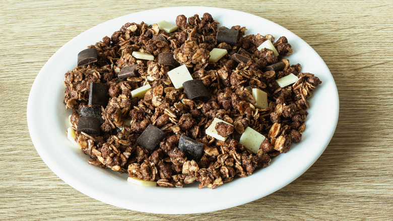 chocolate granola with chocolate bits in it