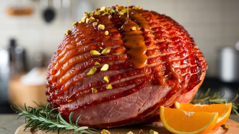 Glazed ham on a table