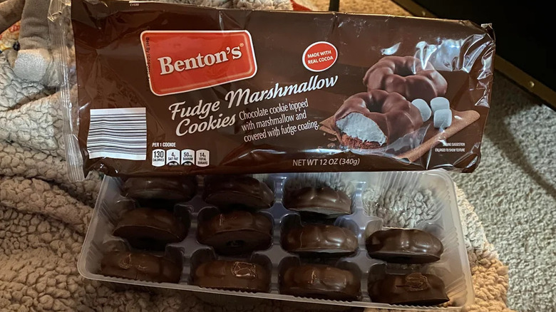 open box of Benton's Fudge Marshmallow Cookies on blanket