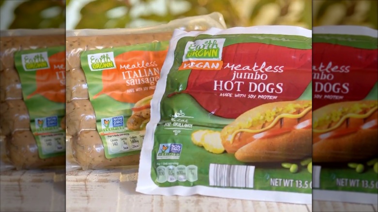 two packs of Earth Grown meatless products