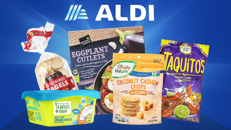 array of Aldi products against blue background