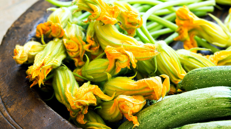 zucchini flowers attached to zucchinis