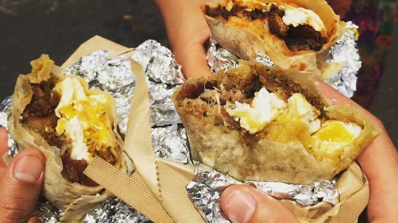 three breakfast burritos from BBAD in tinfoil