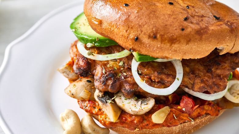 veggie burger with onions and cashews