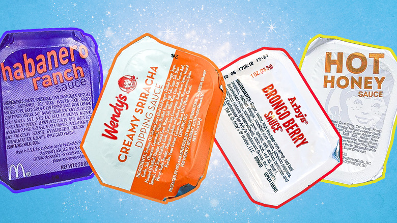 Several defunct fast food sauces on a blue background