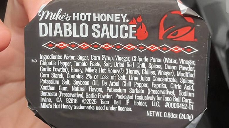 A packet of Taco Bell's Mike's Hot Honey Diablo Sauce