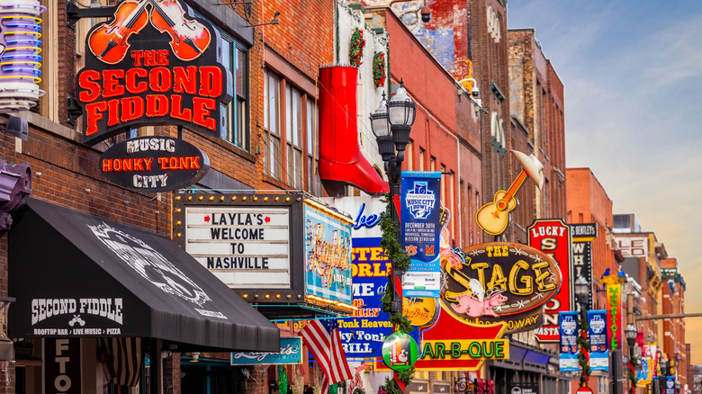 Downtown Nashville shop exteriors along a street in Broadway