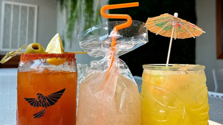 A Bloody Mary cocktail with an olive, a frozen margarita in a bag with a straw, and a summery yellow cocktail with a cocktail umbrella