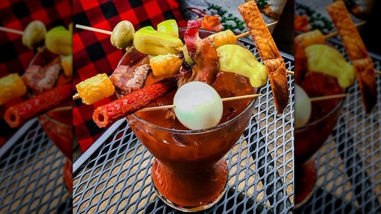 The Bloody Best Bloody Mary at The Nook garnished with jerky and a hard boiled egg, among other things