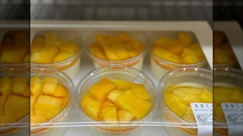 Cups of mango milk pudding at Costco
