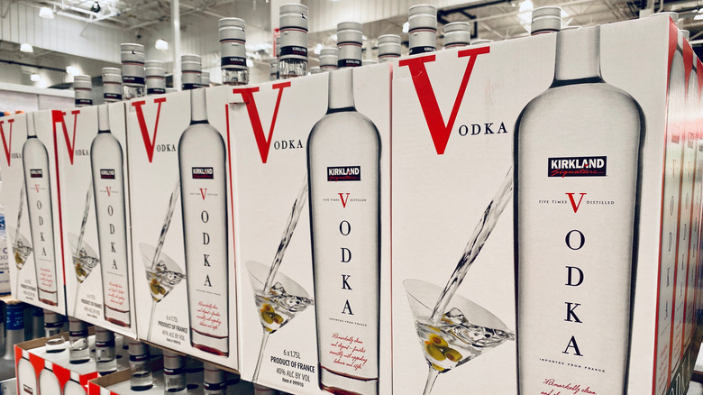 Bottles of Kirkland Signature vodka on a shelf in Costco