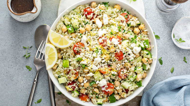 riced cauliflower salad with feta cheese