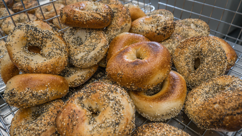 Basket of fresh-baked everything bagels at a bakery or store