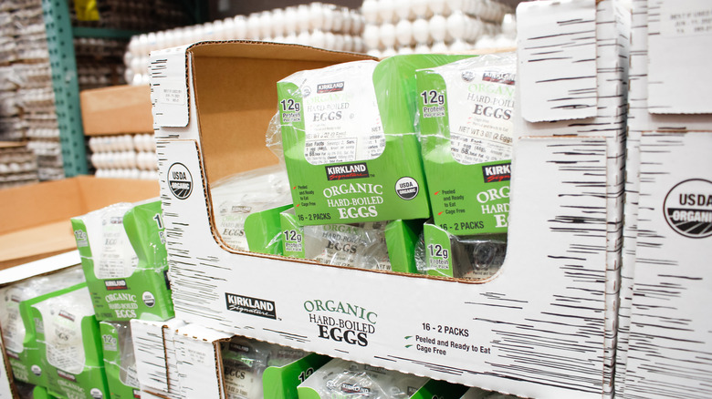 Packages of Costco's Kirkland brand organic hard-boiled eggs