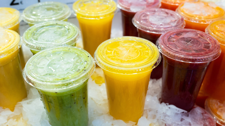 Grab-and-go smoothies on ice at the grocery store