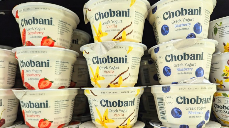 Stacks of Chobani yogurt cups