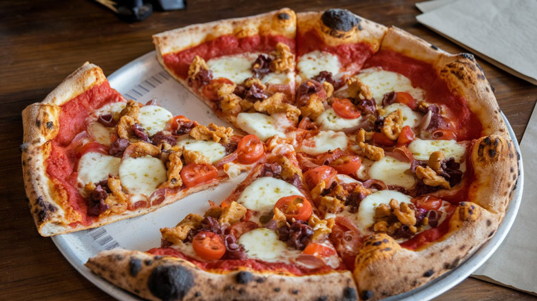 Well-done pizza with lots of toppings