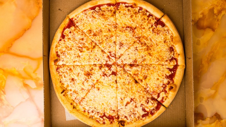 large cheese pizza in a box