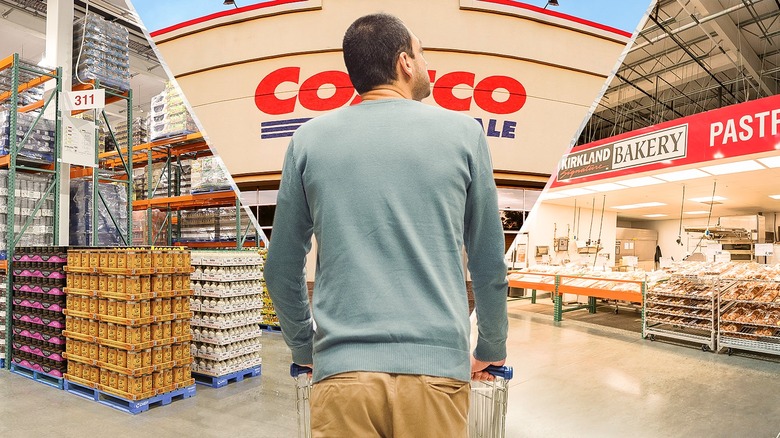 A composite image of a person pushing a shopping cart at Costco