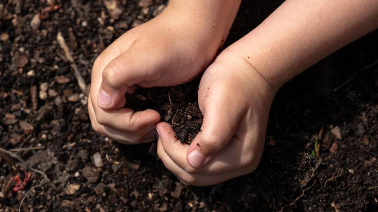 small hands creating heart in soil