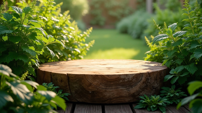 sunlight falling on stump in garden