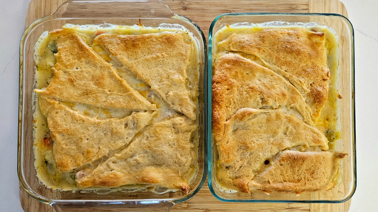 Glass casserole with pot pie topped with crescent rolls