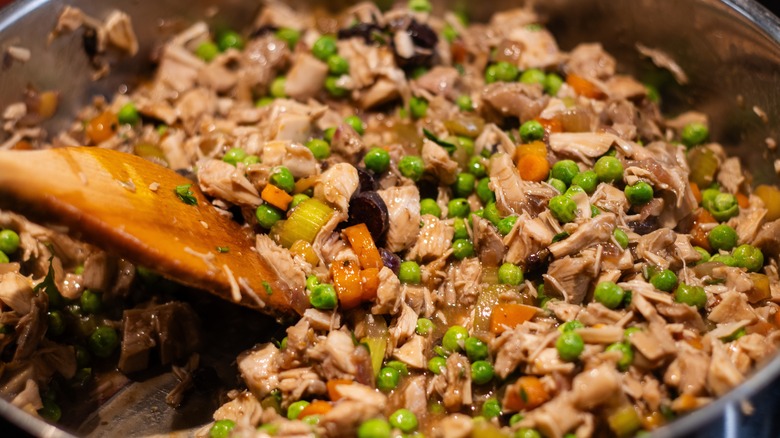 Making the filling for chicken pot pie