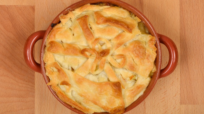 Top view of a freshly baked chicken pot pie