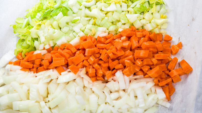 Chopped celery, carrot, and onion for chicken pot pie filling