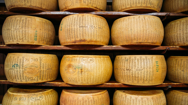 Wooden shelves with aged wheels of Parmigiano Reggiano.