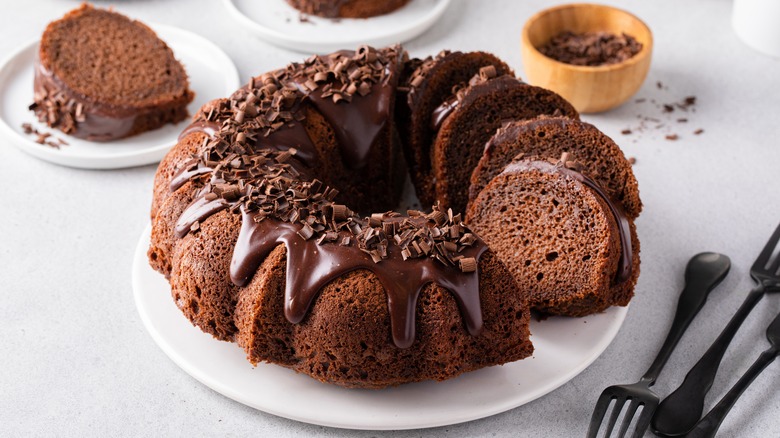 Chocolate Bundt cake on a white plate