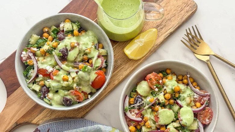two bowls of Chickpea Salad With Tzatziki Dressing