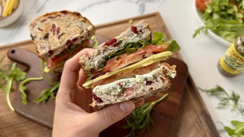cross-section view of a Smoked Salmon Sandwich