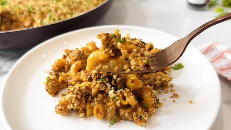 a plate and a forkful of The Bear-Inspired Gourmet Hamburger Helper