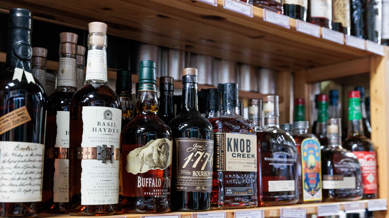 Bourbons like the bottle shelf of a retail store shelf