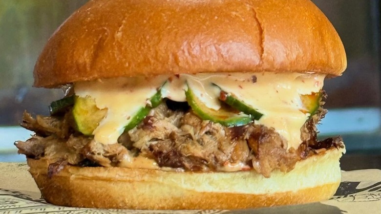 A pulled pork jalapeno burger from Fireforge Brewery