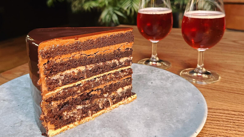 The 12 layer German chocolate cake from Moody Tongue and two glasses of fruit beer