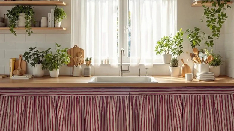 Red and white sink skirt