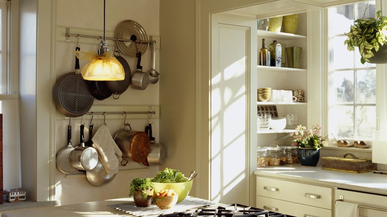 Pot rack hanging in a kitchen