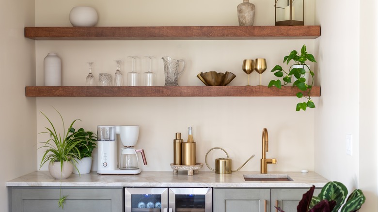 Floating shelves in a kitchen
