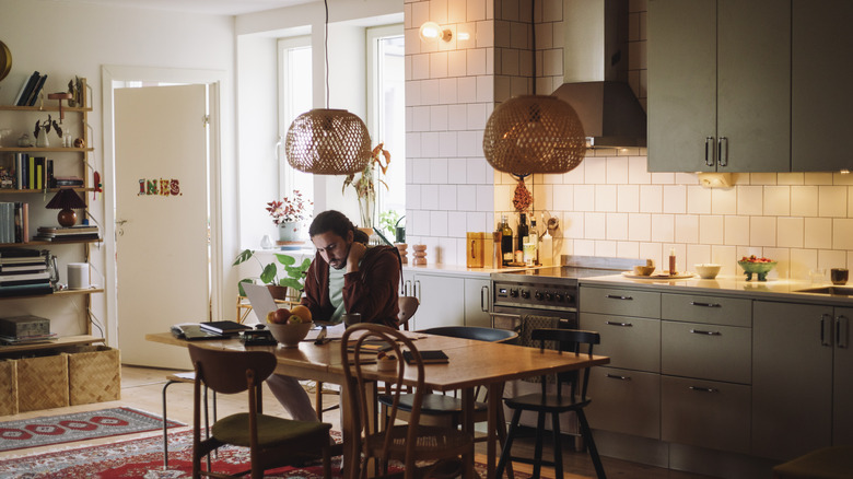 Vintage pendant lights hanging in kitchen