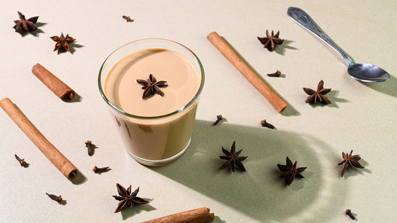 Glass of chai with spices