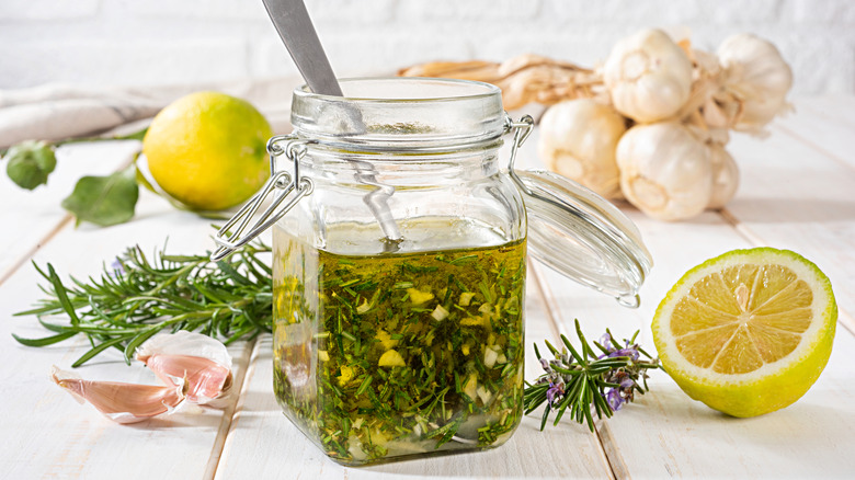 Salad dressing in a glass jar
