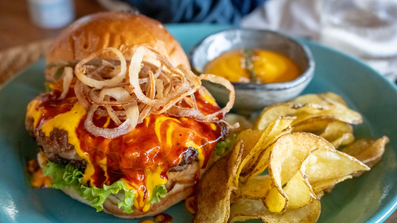 Burger with curly fried onions on plate