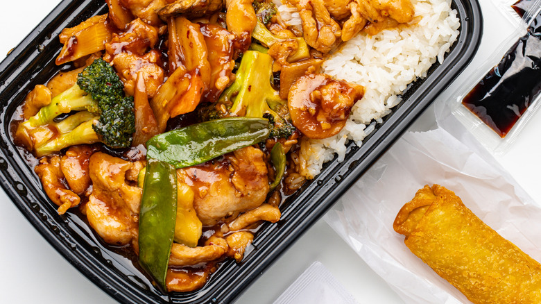 Takeout dish with egg roll